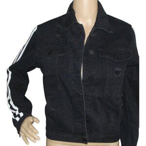 Refuge Jean Jacket Womens Junior Size Small Black Distressed white sleeve stripe